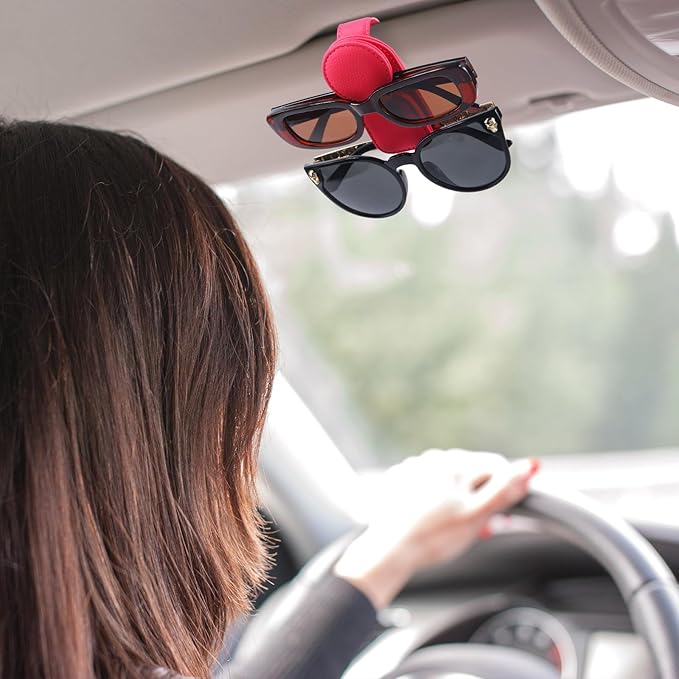 Konohan Sunglasses Holder for Car Visor Leather Eyeglass Hanger Magnetic Sunglasses Holder with 2 Clips(Rose Red)