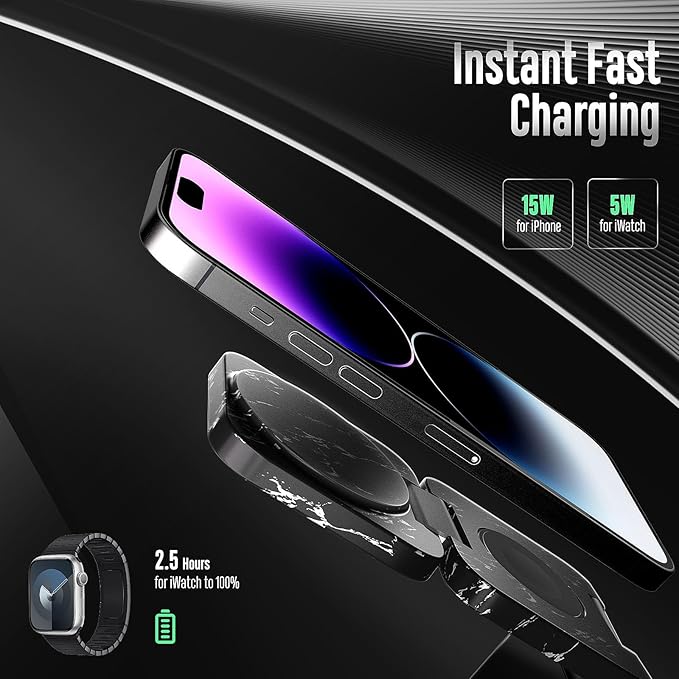 KU XIU Fast Wireless Charger, Magnetic Foldable 3 in 1 Charging Station for iPhone 17/16/15/14/13/12 Pro/Plus/Pro Max, 5W Portable Charger for Apple Watch9/8/7/6/5/4/SE, for Airpods