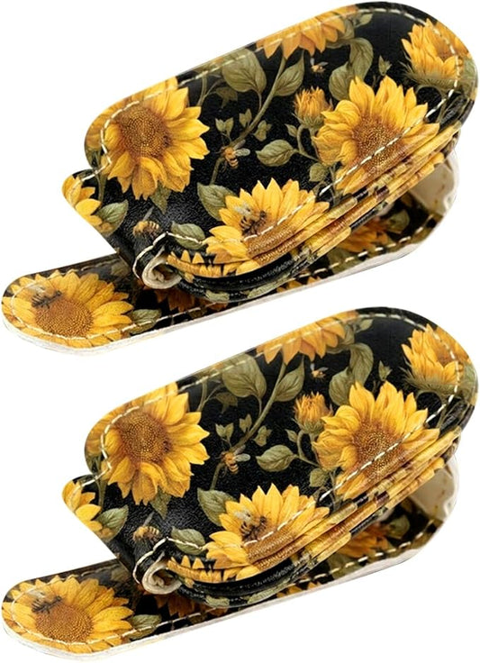 Sunglasses Holder for Car Visor - 2 Packs Sunflower Magnetic Leather Sunglasses Clip for Car Visor Sunglass Holder Ticket Card Hanger Clips Auto Interior Accessories for SUV Truck Women Men