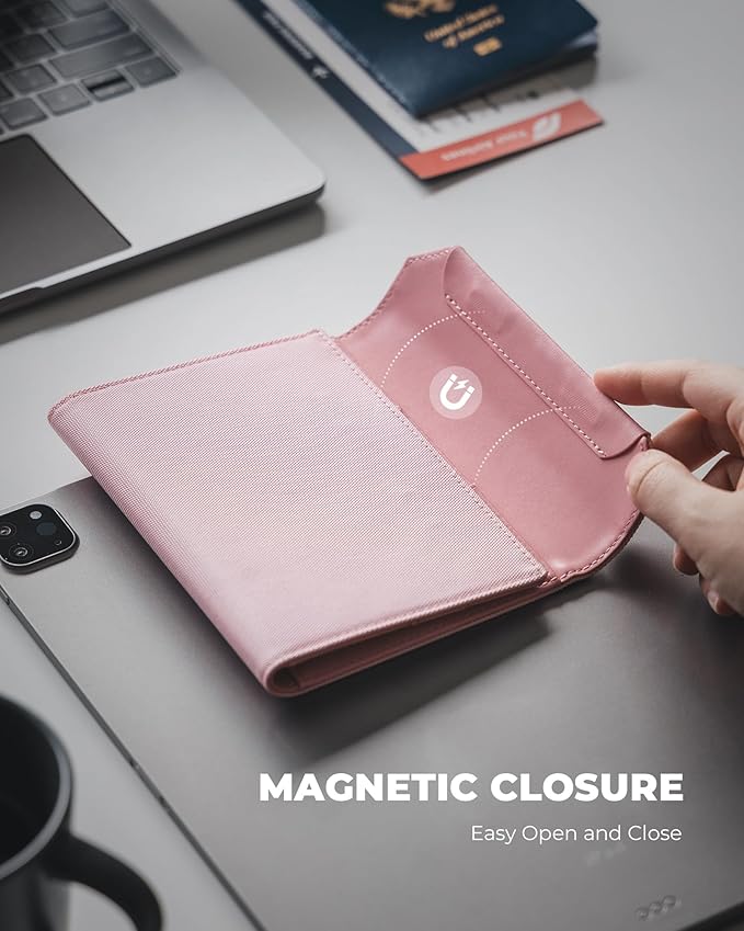 VULKIT Passport Wallet with Detachable AirTag Holder, Vegan Leather Passport Holder, RFID Blocking, Travel Essential, Magnetic Closure, Pink