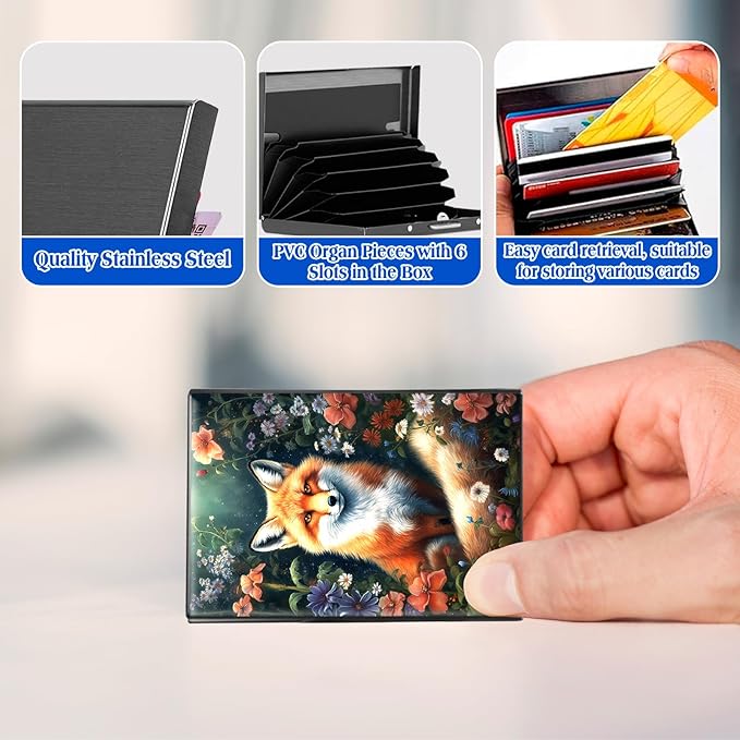 RFID Blocking Credit Card Holder - Slim Metal Wallet for Women & Men,Fox Flowers Design Stainless Steel Business Card Case,Compact Pocket Organizer for Travel & Daily Use