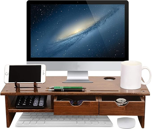 Sundale Outdoor WAYTRIM Bamboo Wood Monitor Stand Ergonomic Computer Riser with Storage Organizer Drawers Desktop Laptop Shelf Risers Cellphone Stand for Home and Office Use, Classic Antique Brown