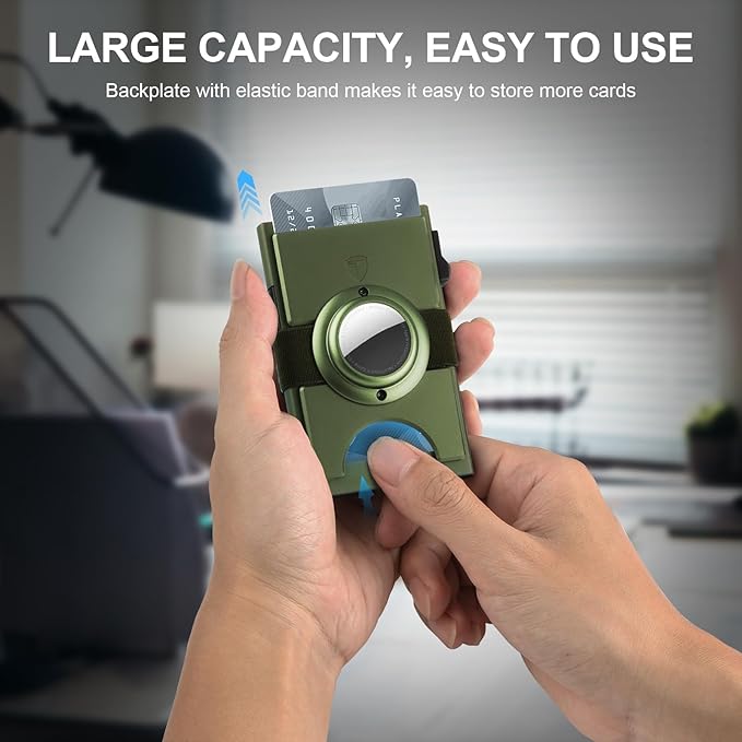 Minimalist Wallet for Men,Slim Wallet Compatible with AirTag,Card Holder Metal Wallet,Pop Up Wallet,Metal Card Holder,Quick Access Card,Rfid Blocking Protection,Hold 12+ Credit Cards (Army Green)