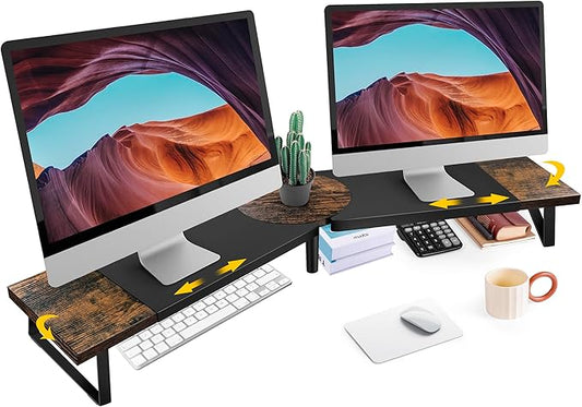 Dual-Monitor Stand for Desk - Large Adjustable Length and Angle Riser for 2 Monitors, Double Computer Desktop Organizer, Shelf for TV, Laptop, Printer