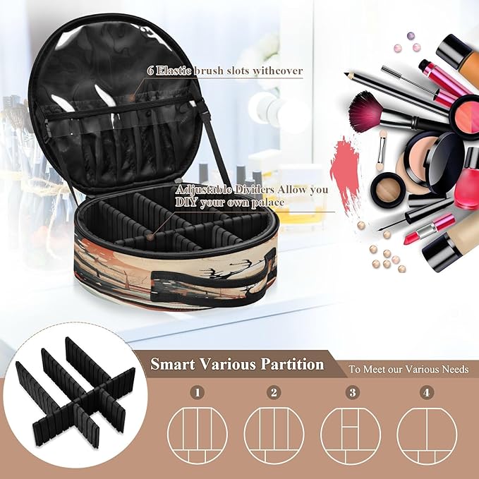senya Round Cosmetic Pouch Travel Makeup Train Case Christmas Deer Makeup Organizer Bag with Adjustable Dividers Portable for Cosmetics Makeup Brushes Toiletry Jewelry Accessories