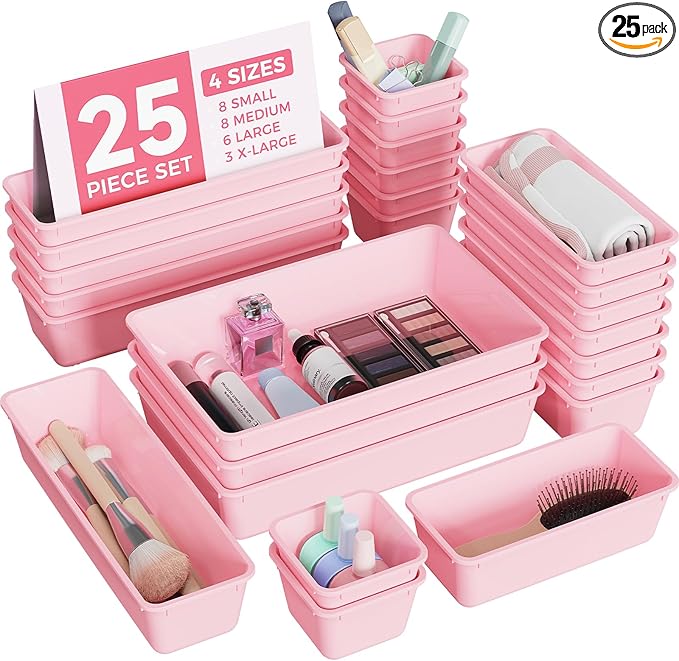 BiuLeon 25 PCS Plastic Drawer Organizers Set, 4-Sizes Vanity and Makeup Organizer, Desk and bathroom Drawer Organizer Trays, Organizers and Storage for Makeup, Jewelry, Gadgets, Utensils (Pink)