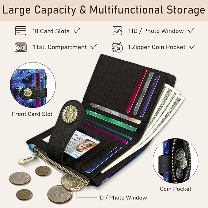 Kelvoris Black Cat Bohemian Vintage Small Rfid Women Wallet Bifold Zipper Coin Pocket PU Leather Compact Cash Credit Card Holder Travel Wallet for Female Ladies Teen Girls 1 ID Window 10 Card Slots