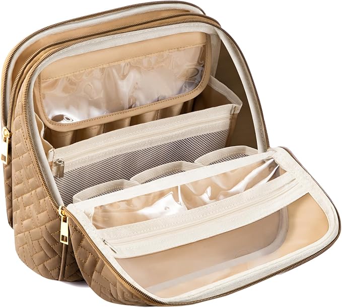 Makeup Bag, Large Capacity with Room for Brushes and Mirror, Travel Makeup Organizer, Portable Standing Make Up Case, Waterproof Cosmetic Toiletry Bags with Handle, Color Brown