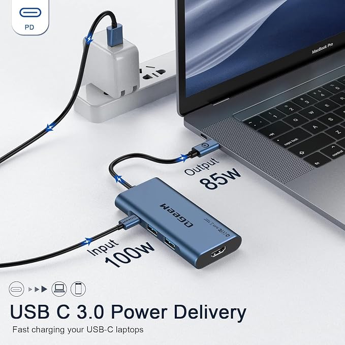 USB C Hub, QGeeM USB 4k to HDMI Adapter, 7 in 1 USB-C Dongle with 100W PD,USB 3.0, Card Reader, Compatible for MacBook iPhone 15/17 Ipad Pro max,Chromebook Laptop USB Type C Dock-Blue