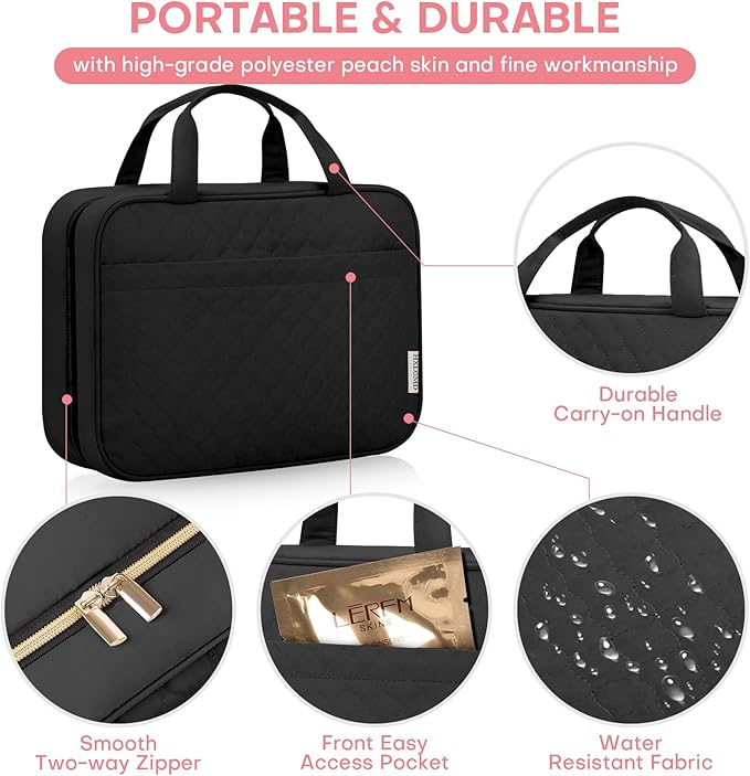 HXLGMD Travel Size Toiletry Bag for Women, Portable Cosmetic Bag with Hanging Hook, Travel Essentials Water-resistant Makeup Organizer for Accessories, Shampoo, Full-size Container, Toiletries