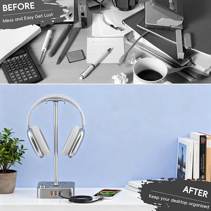 Headphone Stand with PD Fast Charger & QC3.0,Gaming Headset Holder with 3 USB Ports 2 AC Outlets for Desk,Cool Gamer Gifts for Men,Boyfriend,Teen Boys,Friends – Perfect Gaming Accessories & Room Setup