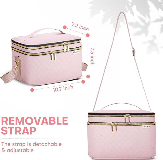 HXLGMD Double Layer Travel Makeup Bag Women, Cosmetic Organizer Case, Travel Essentials Accessories with Shoulder Strap for Bottles, Brushes, Conditioner, Skin Care Products, Pink