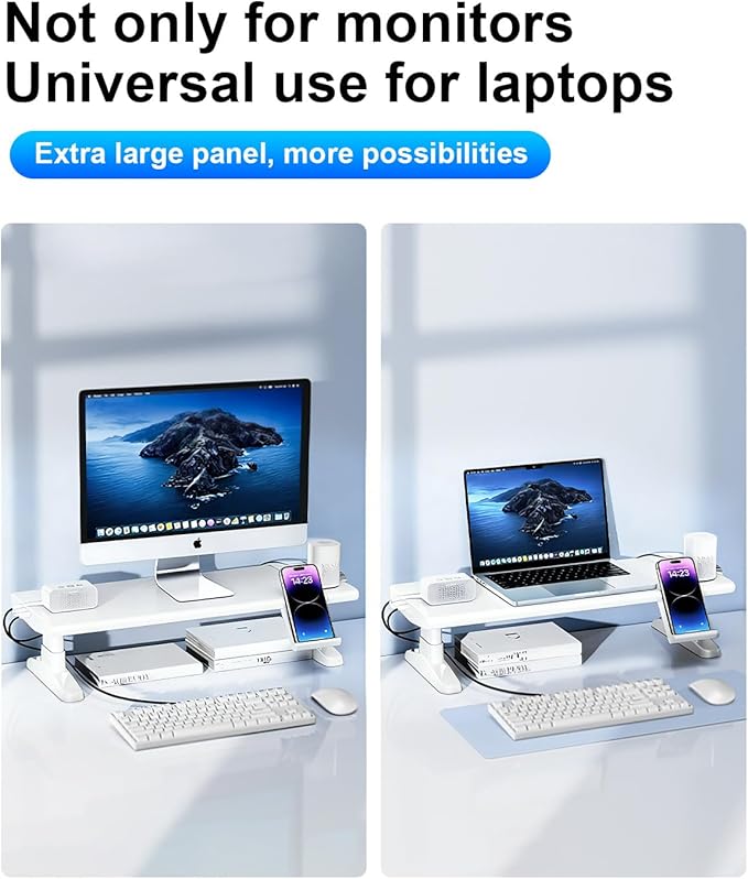 Computer Monitor Stand Riser for Desk with Usb Hub Charging,30W/5Gbps Usb C Docking Station with Power,4.4-5.7'' Height Adjustable with Phone Holder,Monitor Stands Riser for PC,Laptop,Printer(White)