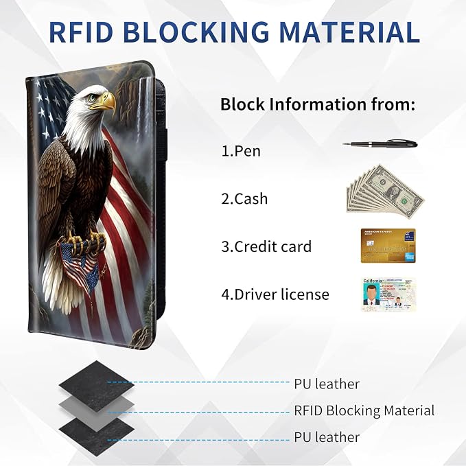 DEGDFSGR Checkbook Cover PU Leather Checkbook Covers for Women for Duplicate Checks, Check Book Covers with RFID Blocking Function for Personal Checkbook, Eagle and US Flag