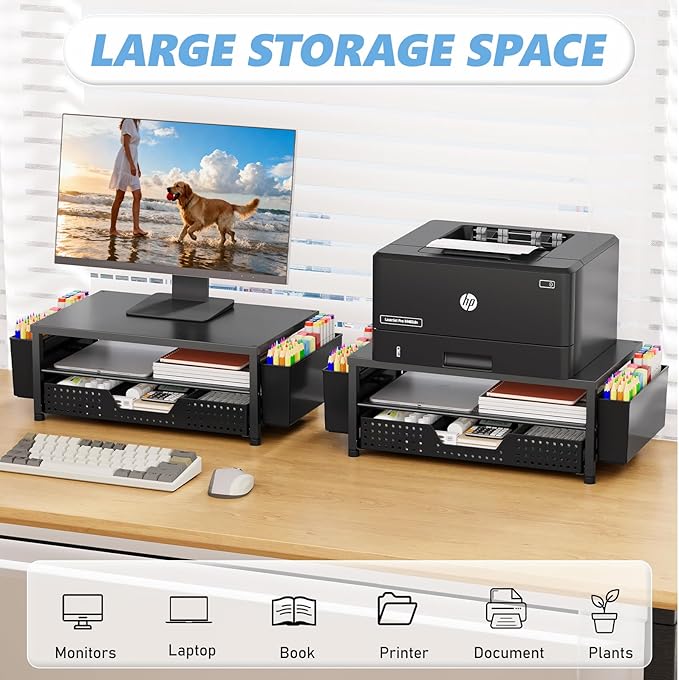 OPNICE Desk Organizer and Accessories, 2-Tier Computer Monitor Stand Riser with Drawer and 2 Pen Holders, Laptop Stand, Office Desk Accessories for Office Supplies, Black 2-Pack