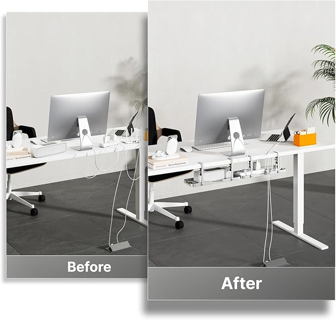 Mavens Under Desk Cable Management Tray, 13.7" No Drill Aluminum Alloy Cord Organizer with Clamps for Wire Management, Cord Organizers for Home Office Standing Desk (Elegant Silver)