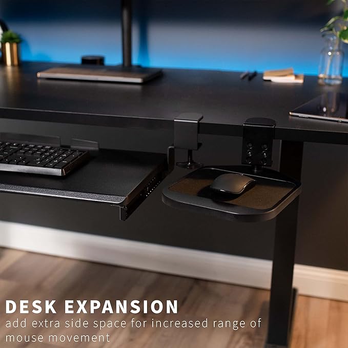 VIVO Clamp-on Wooden Mouse Pad Holder Platform, Adjustable Under Desk 360° Rotating Tray Rest Extension Attachment, up to 2 inch Desktops, Black, MOUNT-MS01B