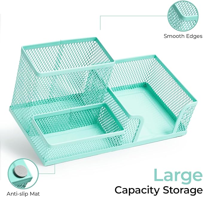 M&G Mesh Pen Holder Desk Organizers Pencil Holder for Desk Light Blue, 3 Compartments Metal Office Supply Organizer with Sticky Notes Holder for Home Office