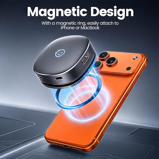 7-in-1 Compact Magnetic USB C Hub with One-Touch Display Off, 4K@60Hz HDMI, 100W PD, 2 USB-A & 1 USB-C 5Gbps, SD/TF Card Reader, Built-in Cable Storage for MacBook, Laptop, Meeting and Travel
