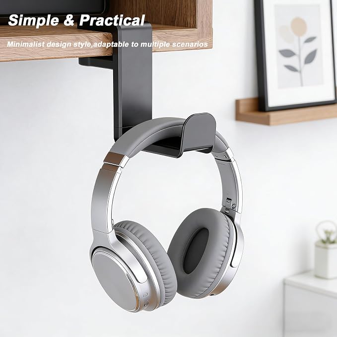 Universal Headphone Stand & Headset Holder - 360° Swivel Under Desk Headphone Hook with Cable Management Clip (Black)