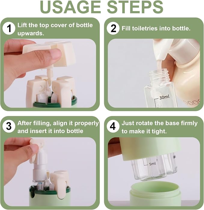 Winb 4 in 1 Travel Dispenser, 30ml Leak Proof Bottles for Toiletries, Portable Containers for Shampoo, Lotion, White (Green)