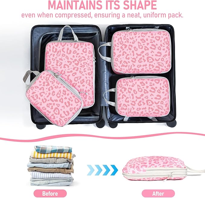 6 Set Compression Packing Cubes, Suitcase Organizer, Lightweight Travel Essentials, Compression Bags For Travel Accessories Luggage Storage Set (6Pcs, Pink Leopard)