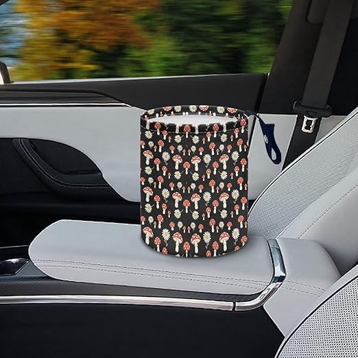 Mushroom Daisy Printed Car Waste Basket Can Universal Waste Basket Bin Waste Auto Basket Can with Adjustable Strap Hanging for Office, Kitchern