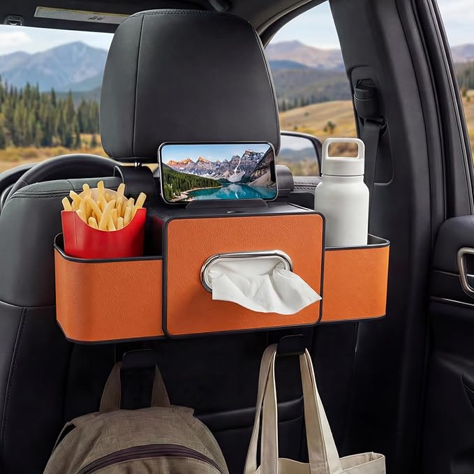 Backseat Car Organizer, 4 in 1 Multifunctional Car Back Seat Storage Organizer with Tissue Box, 2 Cup Holders, Phone Stand and Hooks, Automotive Seat Back Organizers (Orange)