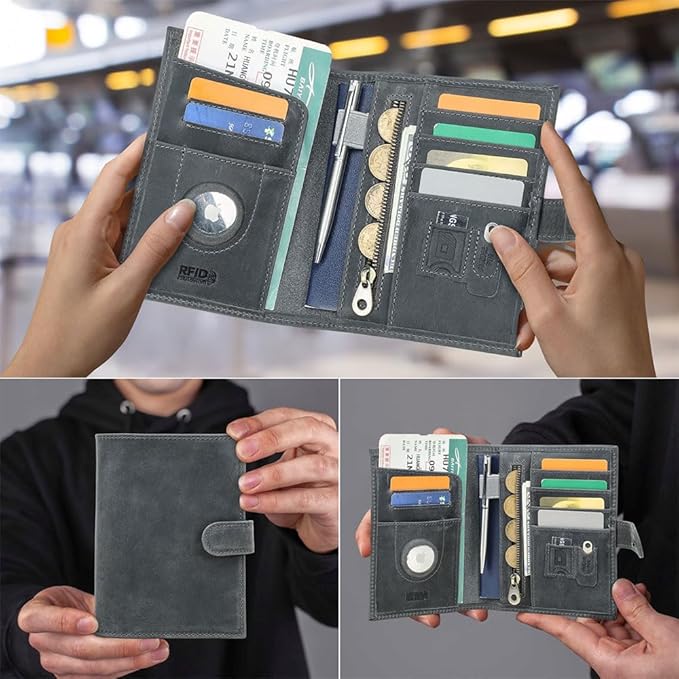 CONTACTS Full Grain Leather Passport Holder with Compatible with Airtag RFID Blocking Passport Wallet Travel Slim Passport Cover with SIM Card Removal Tool (Gray)
