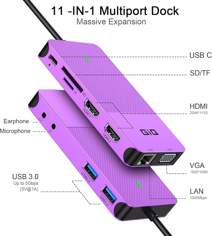 USB Docking Station GIQ USB C HUB USB 3.0 to Dual HDMI VGA Adapter Triple Display USB C Laptop Docking Station Dual Monitor HDMI Splitter Extender Compatible with MacBook M1 M2 M3 M4 M5 USB Dock