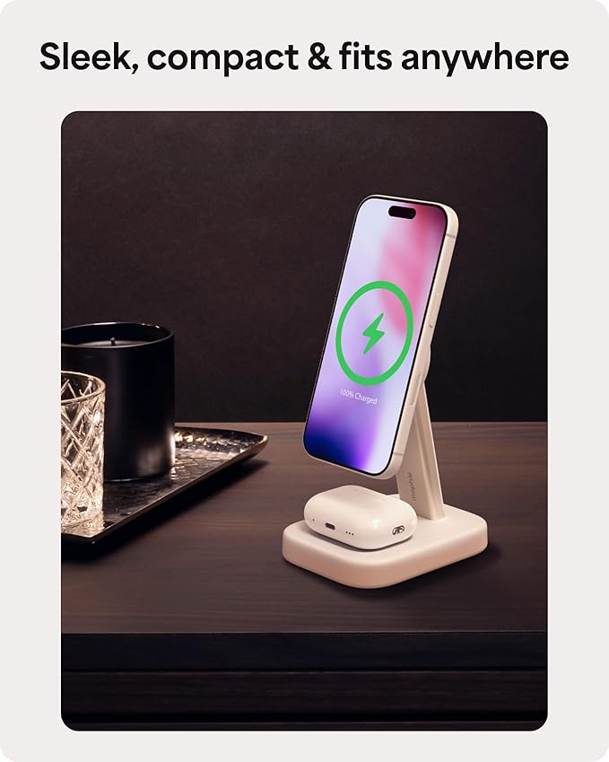 Mophie 2-in-1 Wireless Charging Stand - Qi2-Certified, MagSafe Charger for iPhone & AirPods – Fast Charging Station with Adjustable Phone Stand & Cable Management – Up to 15W Power