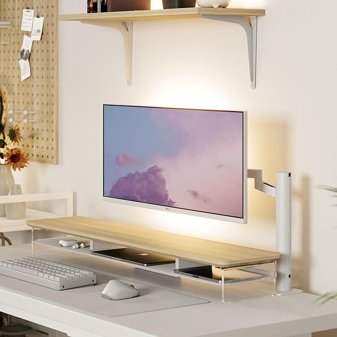 Fenge Acrylic Monitor Stand, 42.5 Inch Clear Dual Monitor Riser with Metal Storage, 2 Tier Computer Riser with LED Lights for Desk, Laptop, Printer, TV