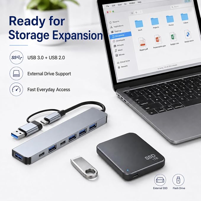 7-Port USB Hub, USB-C & USB-A Multiport Adapter with USB 3.0, USB 2.0, USB-C Data Port and 5W Power Input, Slim Aluminum for Laptop, Desktop, MacBook, iPad, Keyboard, Mouse, Flash Drive