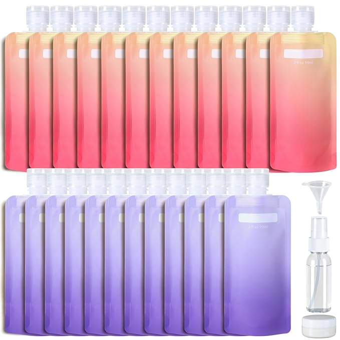 PACKISM 27 Pack Travel Pouches for Toiletries - 3 oz Leak Proof TSA Approved Liquid Containers, Squeeze Bags for Shampoo Lotion, Space Saving Refillable Carriers, Gradient Purple Cherry Yellow