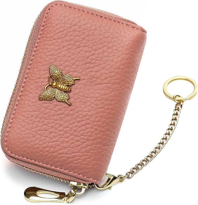 imeetu RFID Credit Card Holder for Women Genuine Leather Card Case Wallet with Zipper and Removable Keychain (Coral Pink)