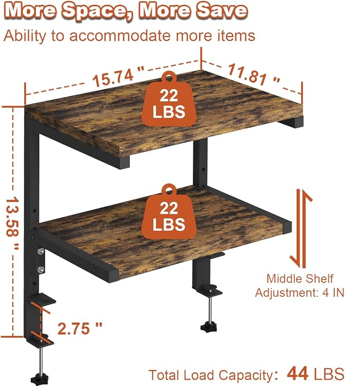 Mondazie Clamp on Desk Organizer Shelf, Heavy-Duty Desk Extender Side Table with 2-Tier Adjustable Storage Shelves for Desktop Accessories, Gaming Devices, Black