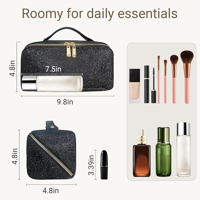 Travel Makeup Bag with Compartments & Organizers – Flat Open Cosmetic Pouch for Women, Purse-Style Design for Traveling, Perfect for Toiletries & Cosmetics Black