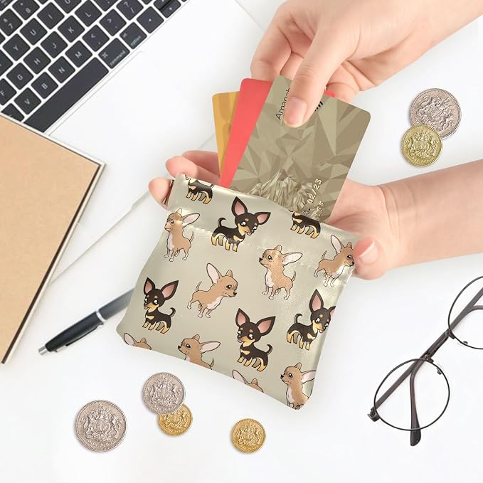 Cute Chihuahua Women's Waterproof PU Leather Coin Purse, Slim Travel Wallet with Zipper - Compact Card Holder & Jewelry Organizer for Cash, Keys, Lipstick
