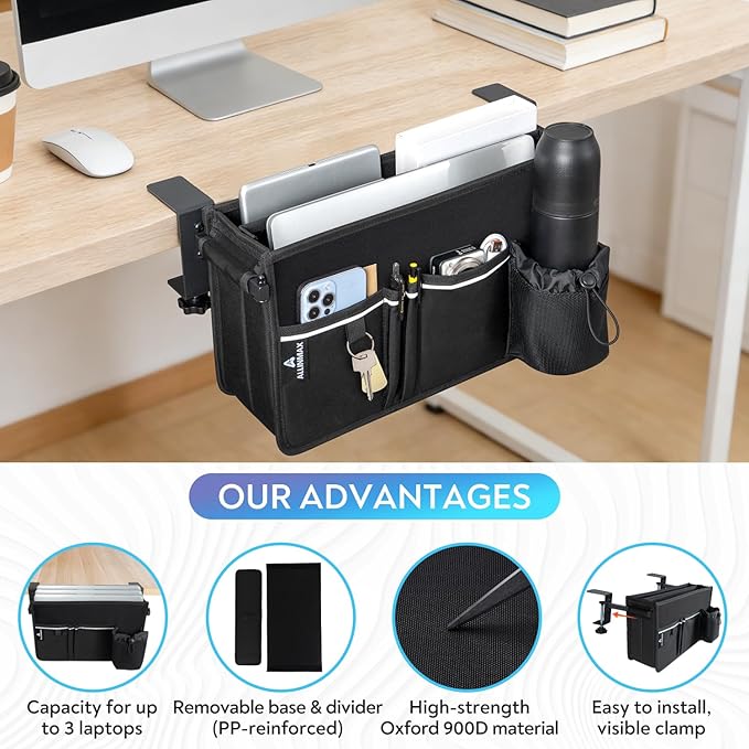 Side Desk Laptop Holder for Up to 3 Laptops, Side Desk Organizer with Adjustable Divider & Bottle Pocket, Soft-Lined Interior, Clamp Mount Side Desk Storage, Fits 0.6″-3.2″ Flat Edge