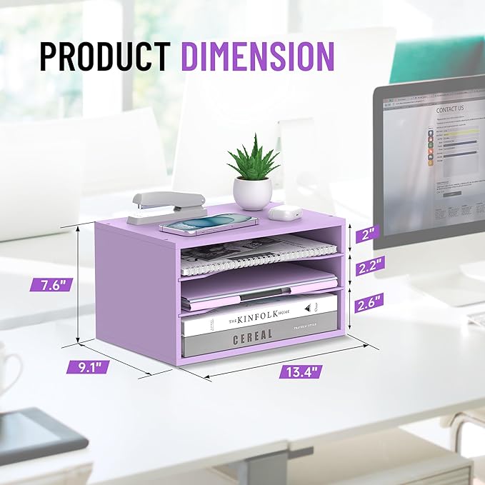 Wood Desk Organizer, 3 Tier Paper Tray Organizer for Desk with Adjustable Storage Shelves, Desktop File Organization Paper Sorter Mail Holder for Office Home Classroom, Purple