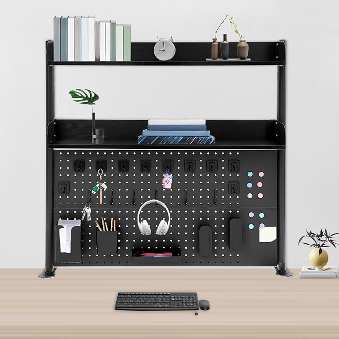 Desk Pegboard, Clamp On Desk Organizer Shelf, Desktop Bookshelf Storage Shelves, Privacy Panel for Home Office Dorm Gaming Desk, Carbon Steel, 39.4" x 37.4", Black