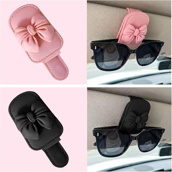 Bittwee Sunglasses Holder for Car Visor, Magnetic Cute Bow Leather Sun Visor Eyeglasses Mount & Ticket Card Clip, Magnet Automotive Interior Glasses Hanger Organizer, Universal for Vehicles (Pink)
