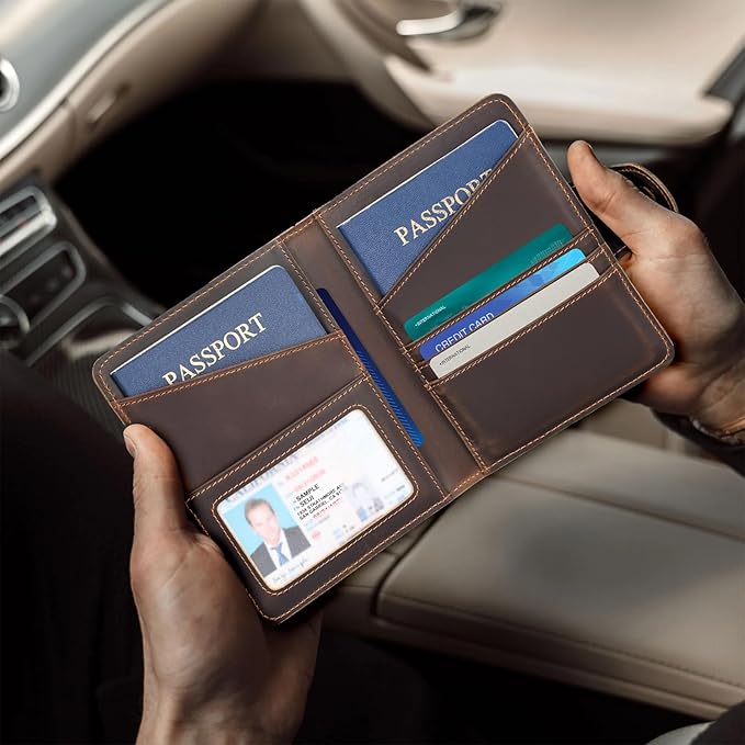 Polare Full Grain Leather Slim and Soft RFID Blocking wallet For Men Snap Bifold Travel Wallet Passport Holders 2 Passports (Dark Brown with AirTag Slot)