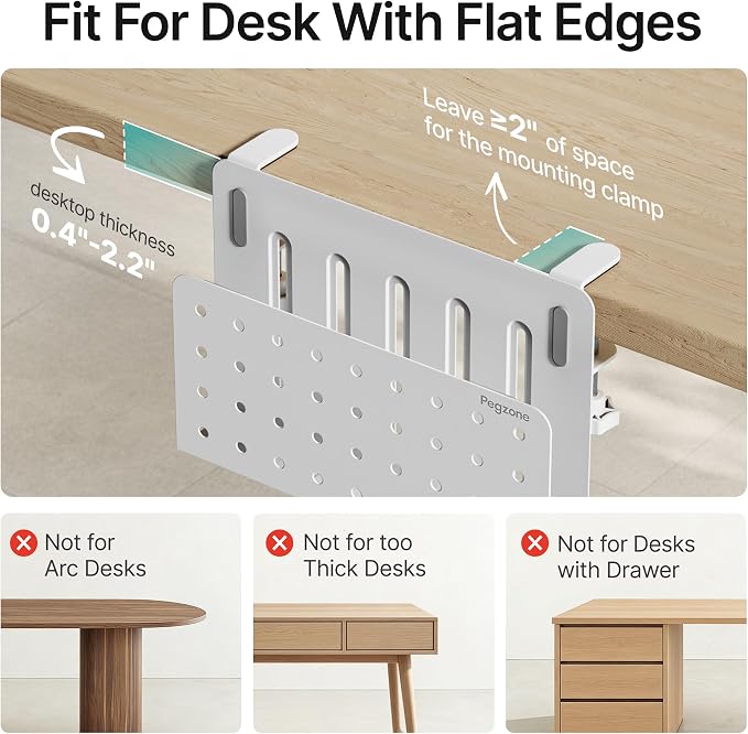 Under Desk Storage Organizer, Laptop Holder Stand with Pegboard Design, Holds 22lbs, Clamp on Desk Organizer, Fits 0.4"-2.2" Desktop Edge, White