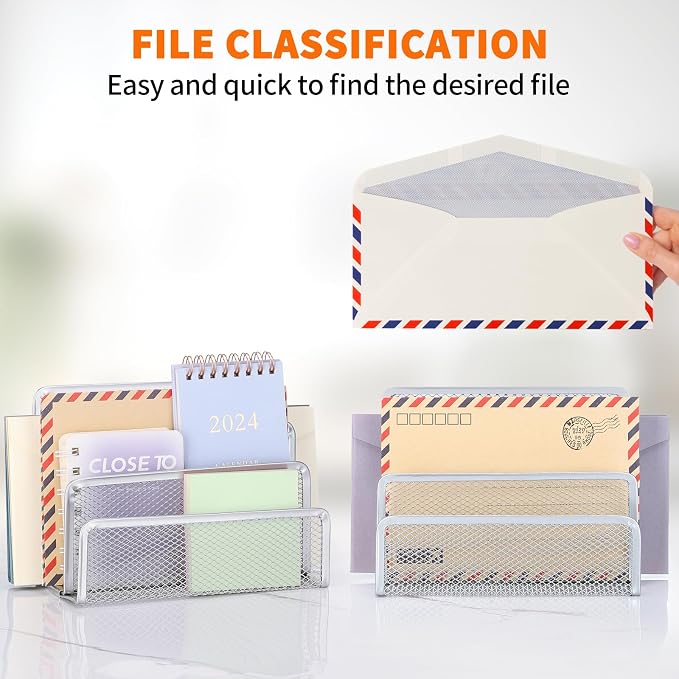 2 Pieces Desk Mail Organizer, Metal Mesh Small File Holders Letter Organizer, Bill/Document/Filing/Folders/Paper Organizer for Desktop (GREY-2PCS)