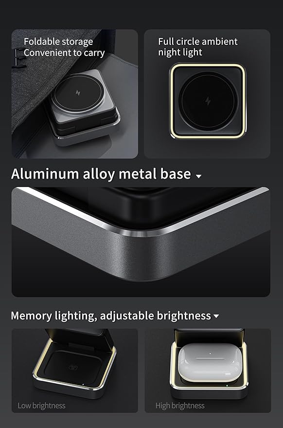 3 in 1 Wireless Charger for iPhone 17 16 15 14 13 12 11 Pro Max Foldable Wireless Charging Station with Night Light for MagSafe Travel Magnetic Charger Stand Fast Charging for AirPods Apple Watch B