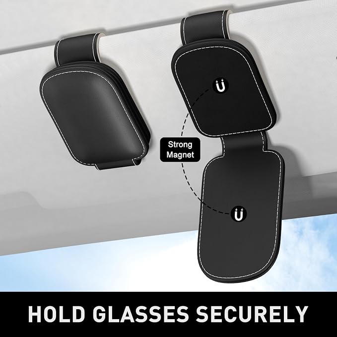 Sunglasses Holder for Car Visor, Magnetic Leather Car Sunglass Holder, Car Sun Visor Glasses Hanger Clip, Car Interior Accessories for Women Men, Fits All Size Eyeglasses