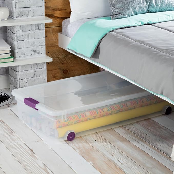 Sterilite 60 Qt ClearView Latch Wheeled Underbed Storage Box, Stackable Bin with Lid, Plastic Container to Organize Underbed, Clear Base, Lid Sweet Plum (Pack of 4)