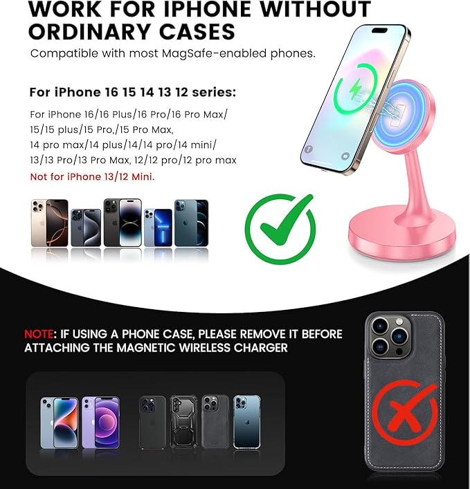 Magnetic Wireless Charger iPhone Stand, 15W Fast Mag-Safe Charger iPhone 17/17 Air/17 Pro/17 Pro Max 16/15/14/13/12 Series Magnet Wireless Charging Station/Pad/AirPods for Home, Office, Travel