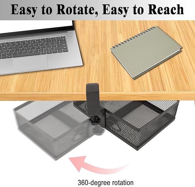 Under Desk Organizer 360° Swivel,under Desk Drawer, Clamp-On No Drill Installation,Sturdy Mesh Storage Drawer for Office,Drawing Room and Kitchen Room,Art Supplies and More(Without Cup Holder)